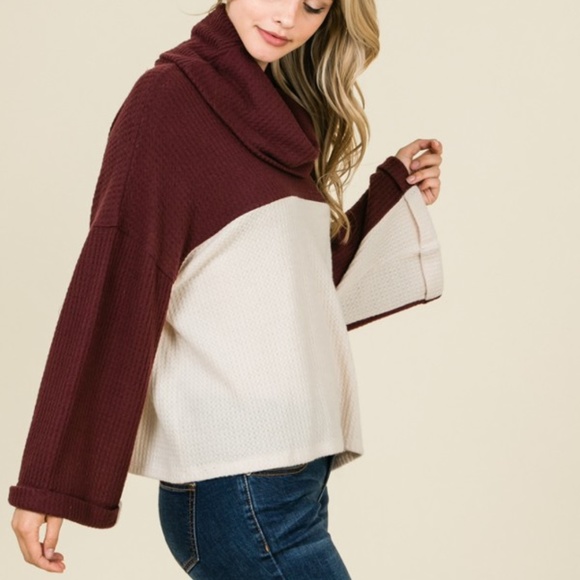 Lumiere 2 Tone Waffle Knit Sweater -Burgundy - Picture 5 of 5